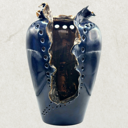 Vintage Porcelain Art Vase, Signed IS – Sculptural Navy Blue, c.1970, 11.5” x 7” x 7.5”