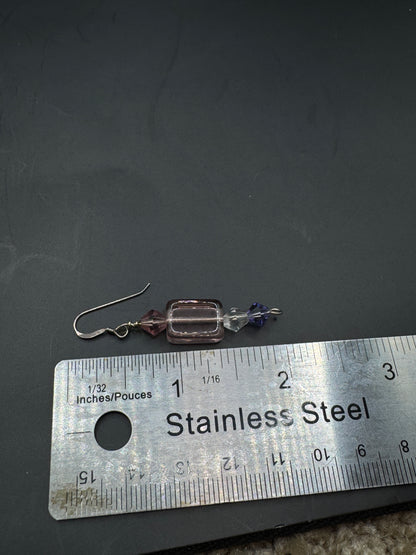Vintage Sterling Silver Crystal Drop Earrings – Pink & Purple Glass Beads, Elegant Dangle