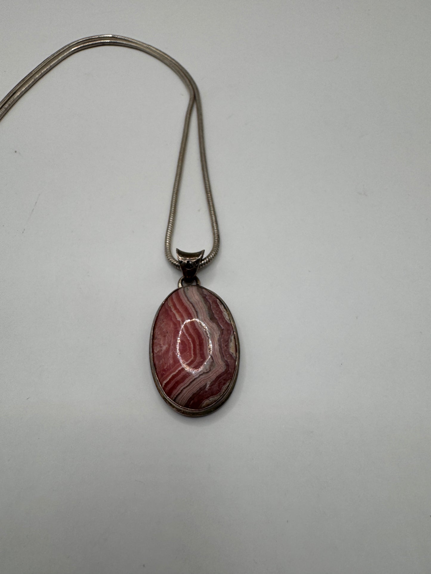 Sterling Silver Rhodochrosite Pendant Necklace – Natural Banded Pink Stone, 925