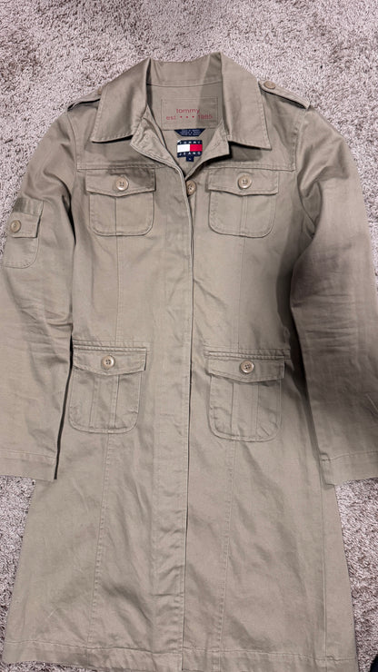 Vintage Tommy Hilfiger Women’s Military Coat – Size M, Khaki, Utility Pocket Trench Style