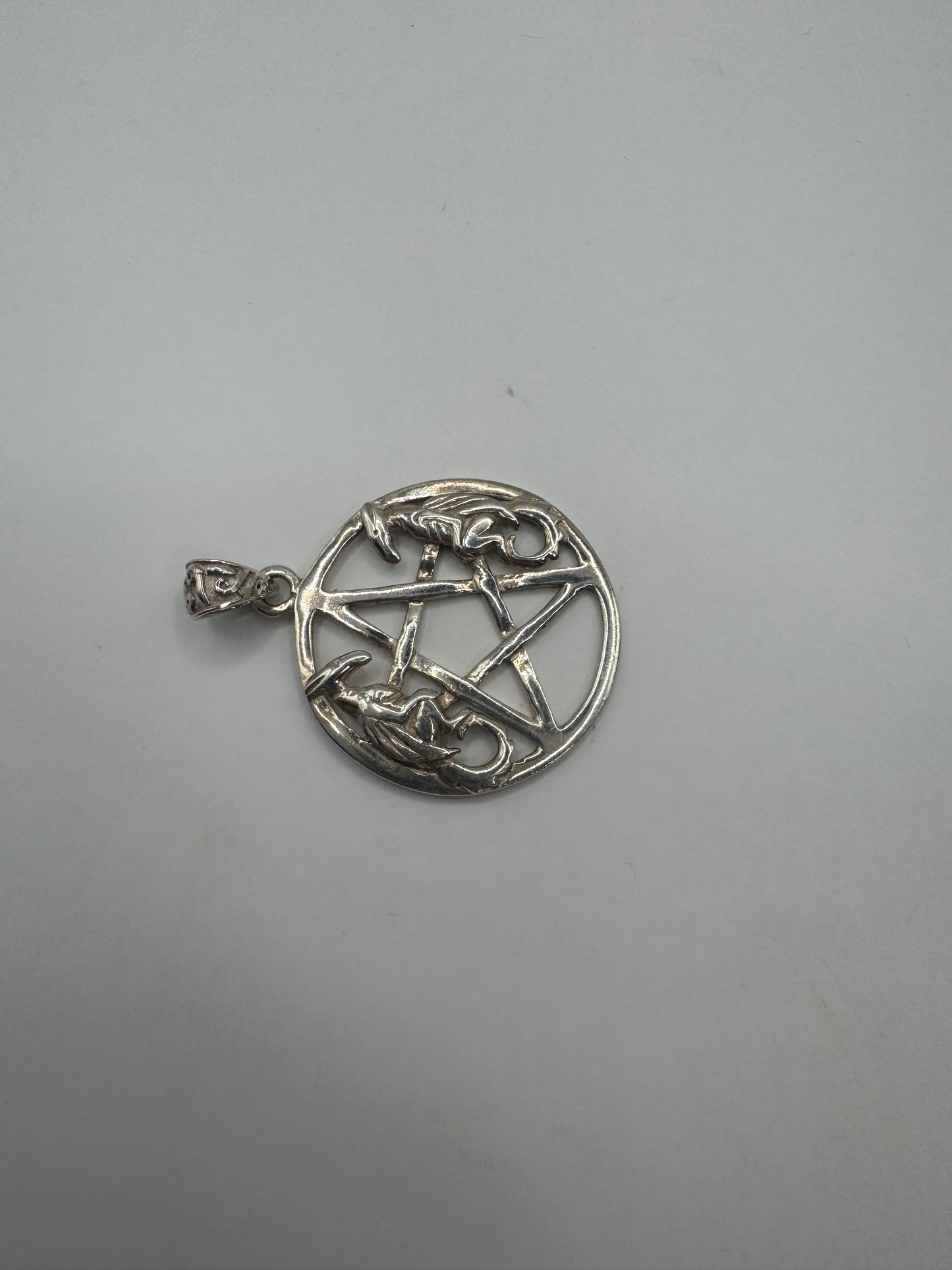 Vintage Sterling Silver Pendant – Large Pentagram with Dragons