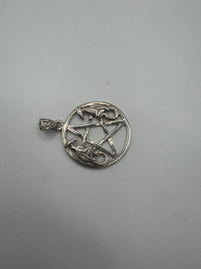 Vintage Sterling Silver Pendant – Large Pentagram with Dragons