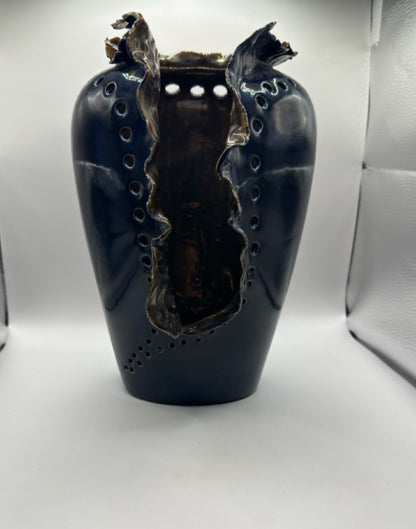 Vintage Porcelain Art Vase, Signed IS – Sculptural Navy Blue, c.1970, 11.5” x 7” x 7.5”