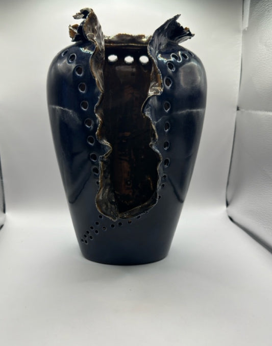 Vintage Porcelain Art Vase, Signed IS – Sculptural Navy Blue, c.1970, 11.5” x 7” x 7.5”