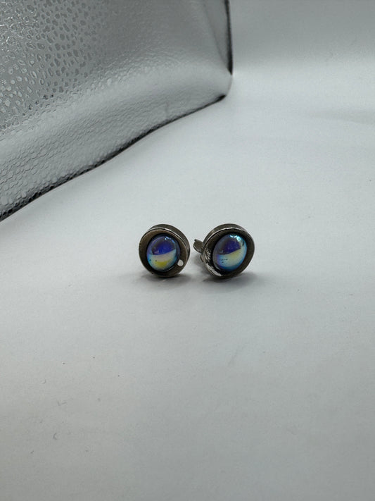 Vintage Art Glass Clip-On Earrings – Iridescent Blue Aurora Cabochon, Silver Tone, Minimalist