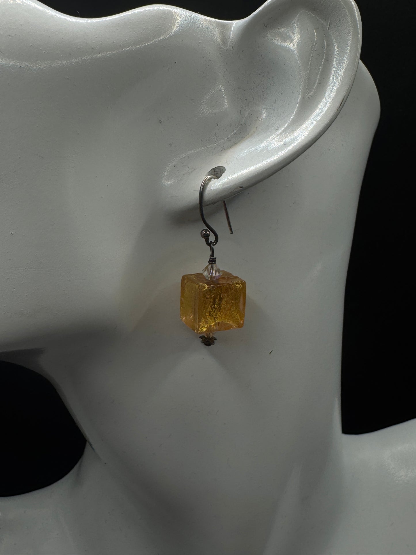 Handmade Sterling Silver Art Glass Earrings – Gold Foil Murano Style Dangle Earrings