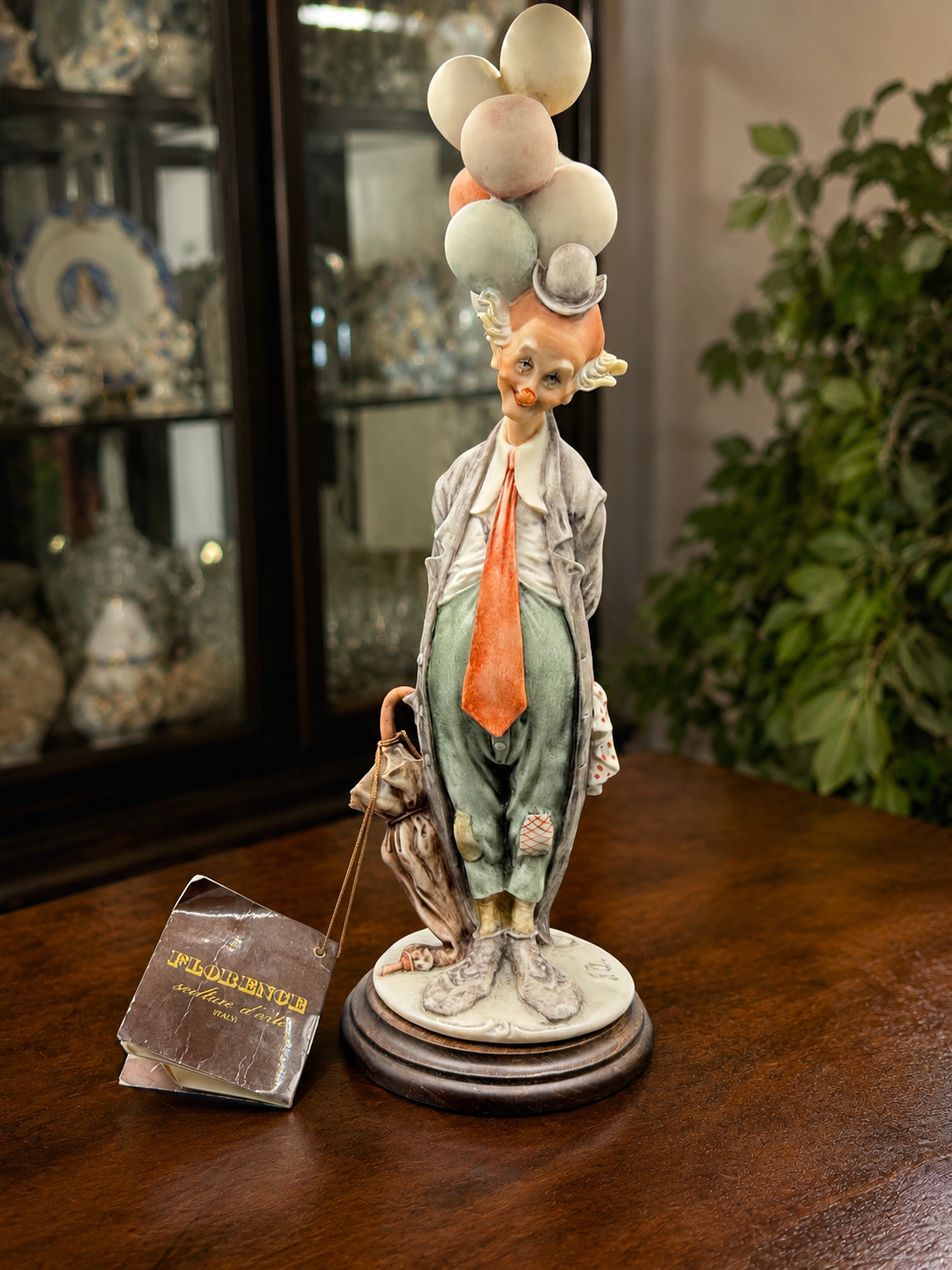 Giuseppe Armani Florence Capodimonte Clown Sculpture – Signed G. Armani – Hand Painted Sculpture on Wood Base – 14” Tall