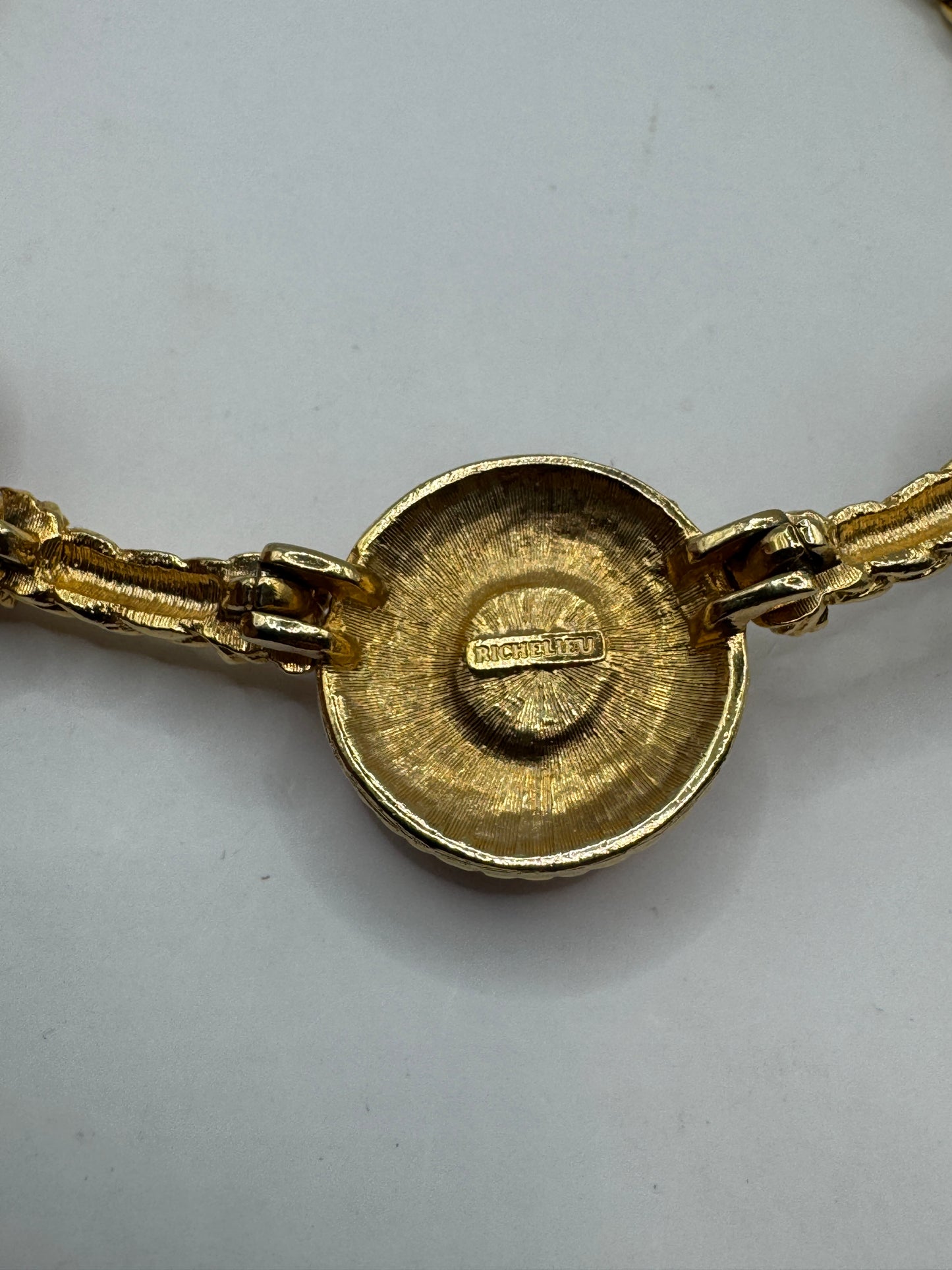 Vintage Richelieu Necklace – Gold Tone, Red Enamel & Faux Pearl, 16”, Statement Piece