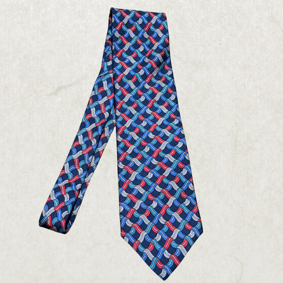 Vintage Christian Dior Silk Tie – Geometric Wave Pattern, Blue/Red, 100% Silk, Made in France