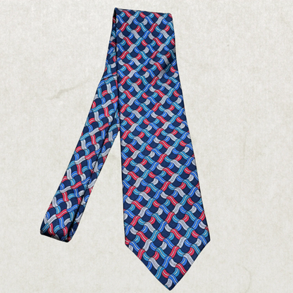 Vintage Christian Dior Silk Tie – Geometric Wave Pattern, Blue/Red, 100% Silk, Made in France