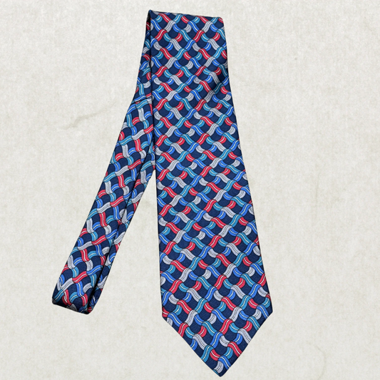 Vintage Christian Dior Silk Tie – Geometric Wave Pattern, Blue/Red, 100% Silk, Made in France