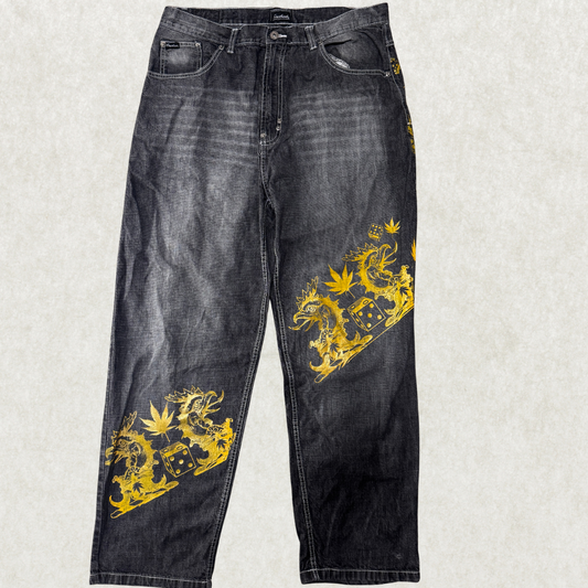 Vintage Y2K Knockout Men’s Baggy Jeans – Size 38x32, Black Denim w/ Gold Graphic Print, Hip Hop Style
