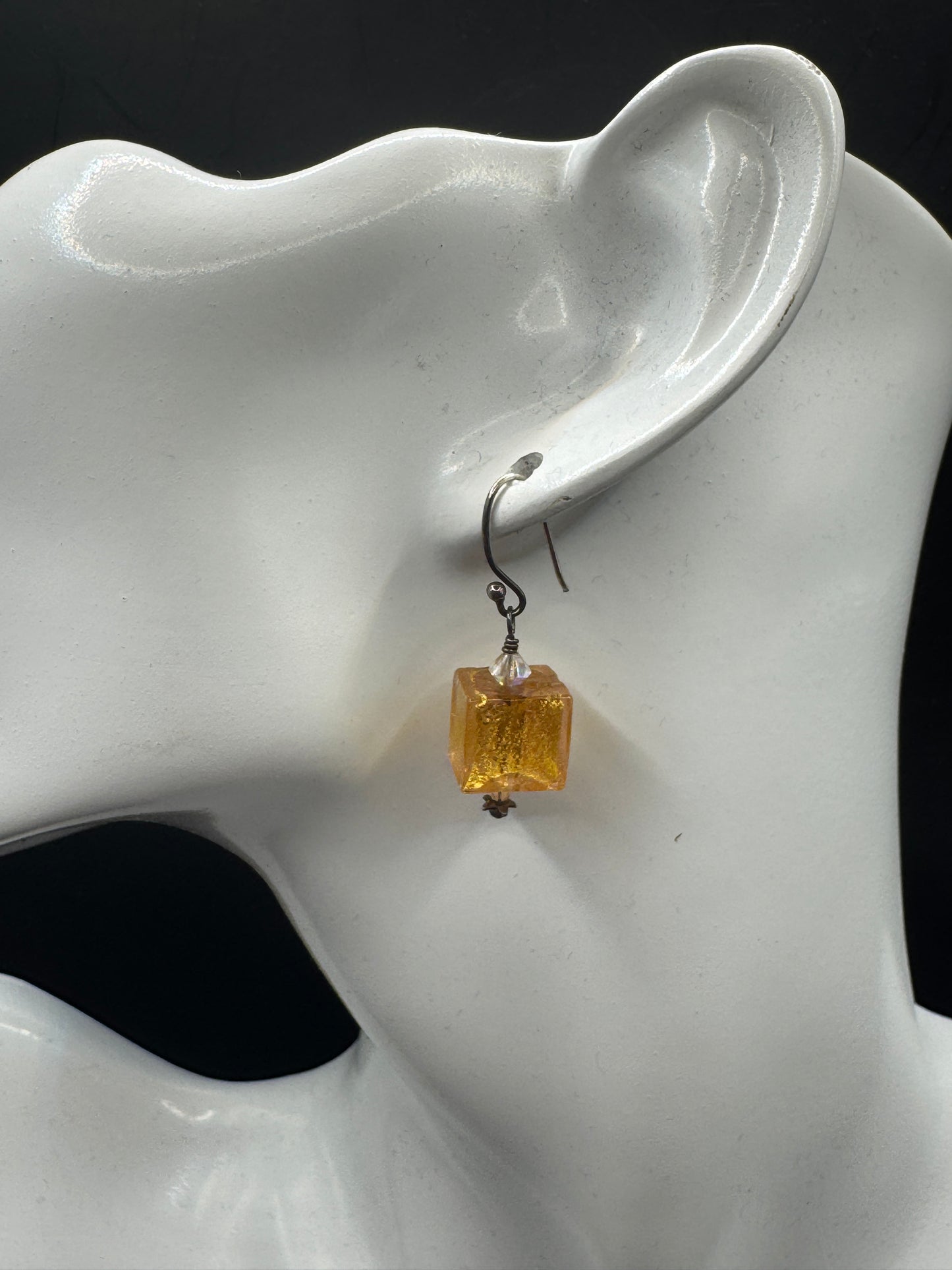 Handmade Sterling Silver Art Glass Earrings – Gold Foil Murano Style Dangle Earrings