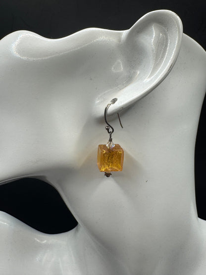 Handmade Sterling Silver Art Glass Earrings – Gold Foil Murano Style Dangle Earrings