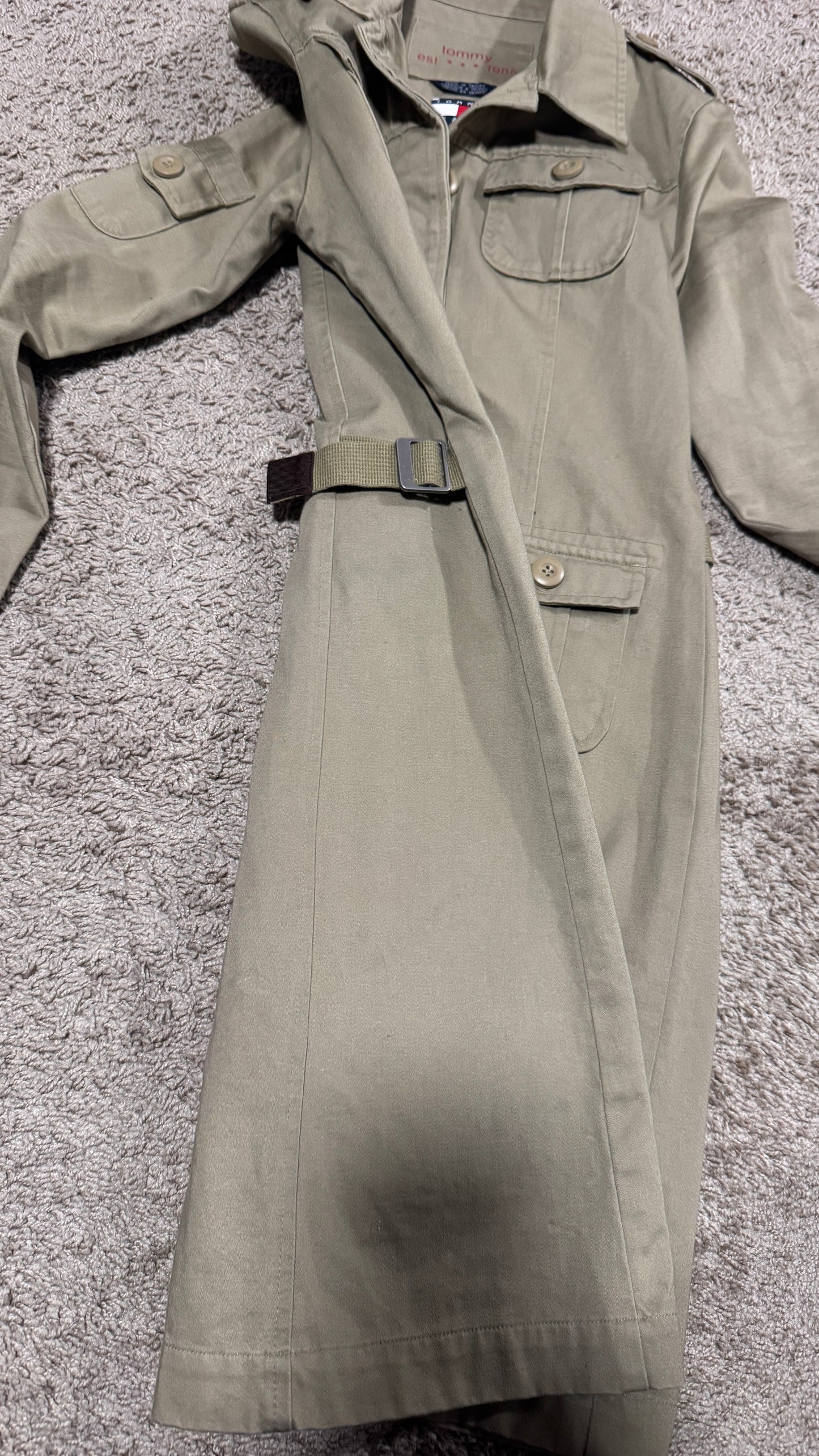 Vintage Tommy Hilfiger Women’s Military Coat – Size M, Khaki, Utility Pocket Trench Style