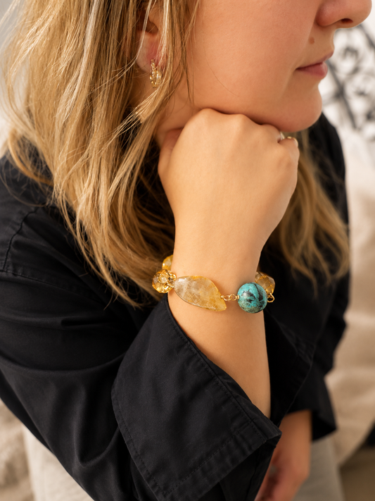 Vintage Sterling Silver Bracelet – Turquoise & Rutilated Quartz Cabochon, Golden Flax Accents