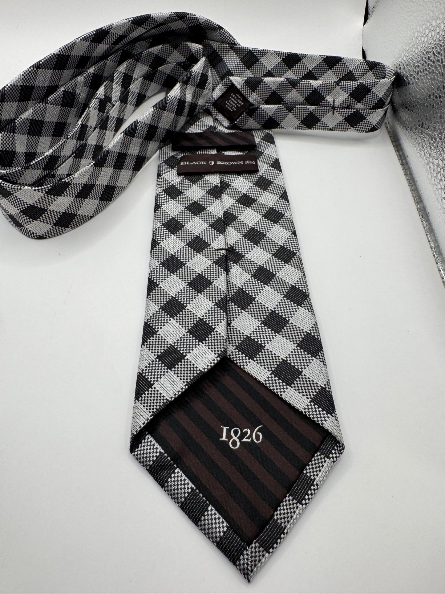 Black Brown 100% Silk Tie – Black & White Checkered, 59” x 3.5”