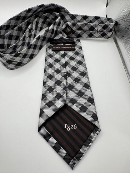 Black Brown 100% Silk Tie – Black & White Checkered, 59” x 3.5”