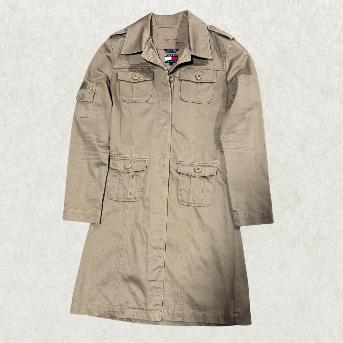 Vintage Tommy Hilfiger Women’s Military Coat – Size M, Khaki, Utility Pocket Trench Style