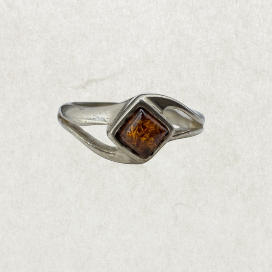 Silver 925 Geometric Amber Ring Size 7