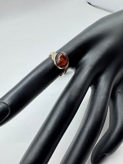 Vintage Sterling Silver Oval Amber Ring Size 5