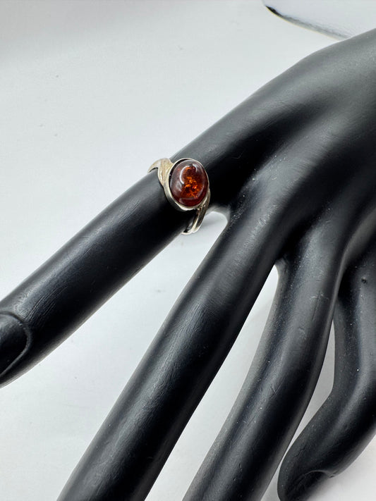 Vintage Sterling Silver Oval Amber Ring Size 5