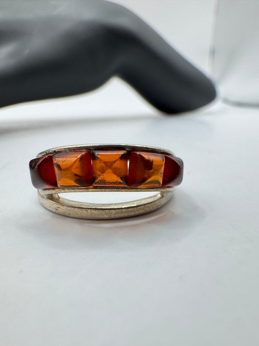 Vintage Sterling Silver Amber Bar Ring – Size 7