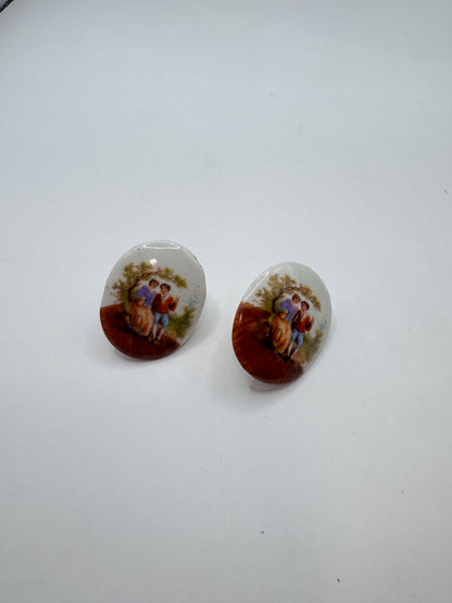 Vintage Victorian Porcelain Clip-On Earrings – Hand-Painted Romantic Scene