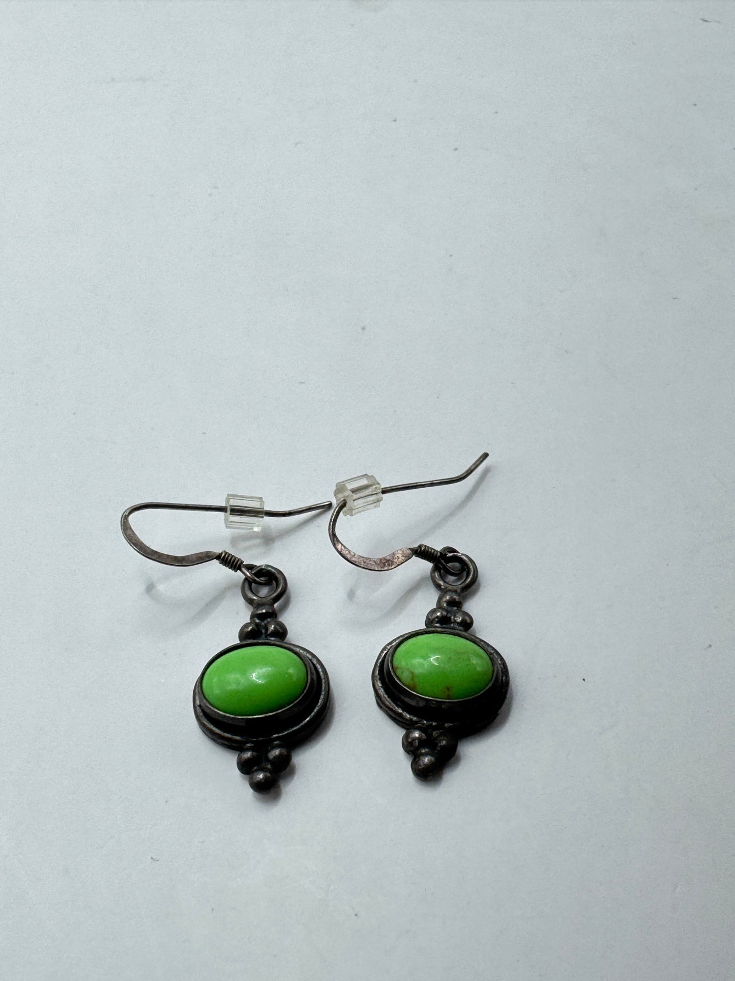 Vintage Garnet Sterling Silver Earrings – Green Cabochon Stone, 925 Marked, Dangle Drop