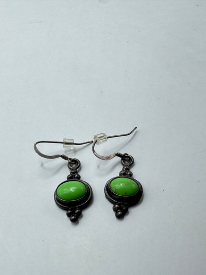 Vintage Garnet Sterling Silver Earrings – Green Cabochon Stone, 925 Marked, Dangle Drop