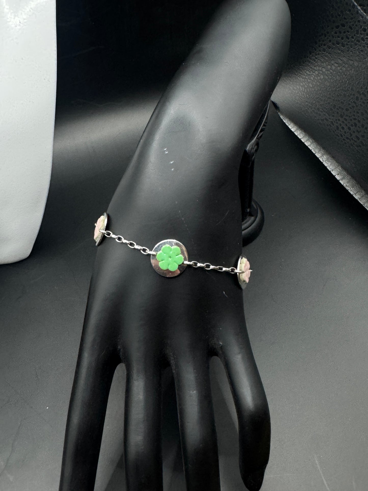 Vintage Italian Sterling Silver 925 Bracelet with Leather Flower Inlays – Pastel Floral Disc Design
