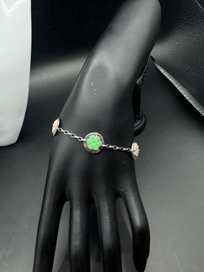 Vintage Italian Sterling Silver 925 Bracelet with Leather Flower Inlays – Pastel Floral Disc Design
