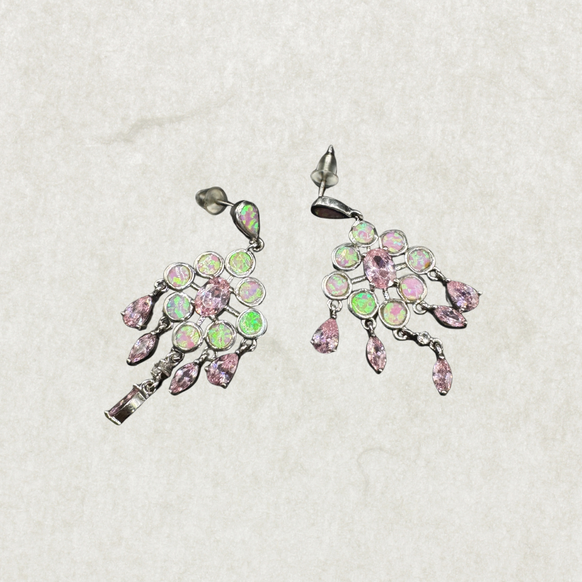Silver Pink Opal & Crystal Dangle Earrings – Marked 925