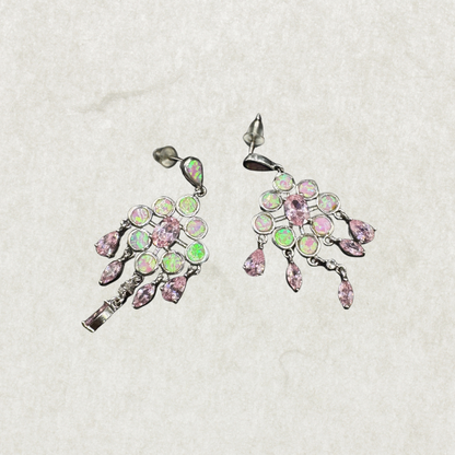 Silver Pink Opal & Crystal Dangle Earrings – Marked 925