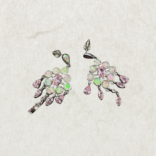 Silver Pink Opal & Crystal Dangle Earrings – Marked 925
