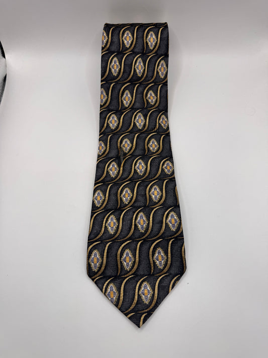 Christian Dior 100% Silk Tie – Vintage Black & Gold Pattern, 58” x 4”