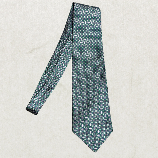 Vintage Avanzala Silk Tie – Green & Purple Geometric Pattern, 100% Silk, Wide Blade, 57”