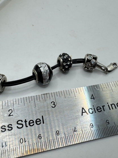 Vintage APART Sterling Silver & Leather Charm Bracelet – Black Rhinestone European Bead Style