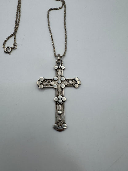 Large Vintage Sterling Silver Cross Necklace – Ornate Design, 925