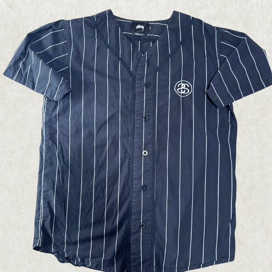 Stüssy Black Pinstripe Baseball Jersey – Stock Logo Embroidered, Rare, Size S