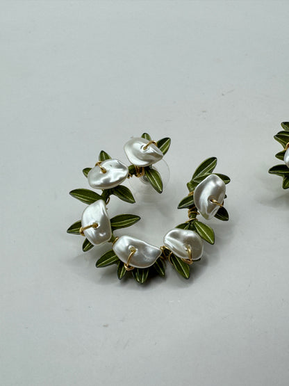 Handcrafted Lily of the Valley Hoop Earrings – Brass & Freshwater Pearl Style with Sterling Silver 925 Posts