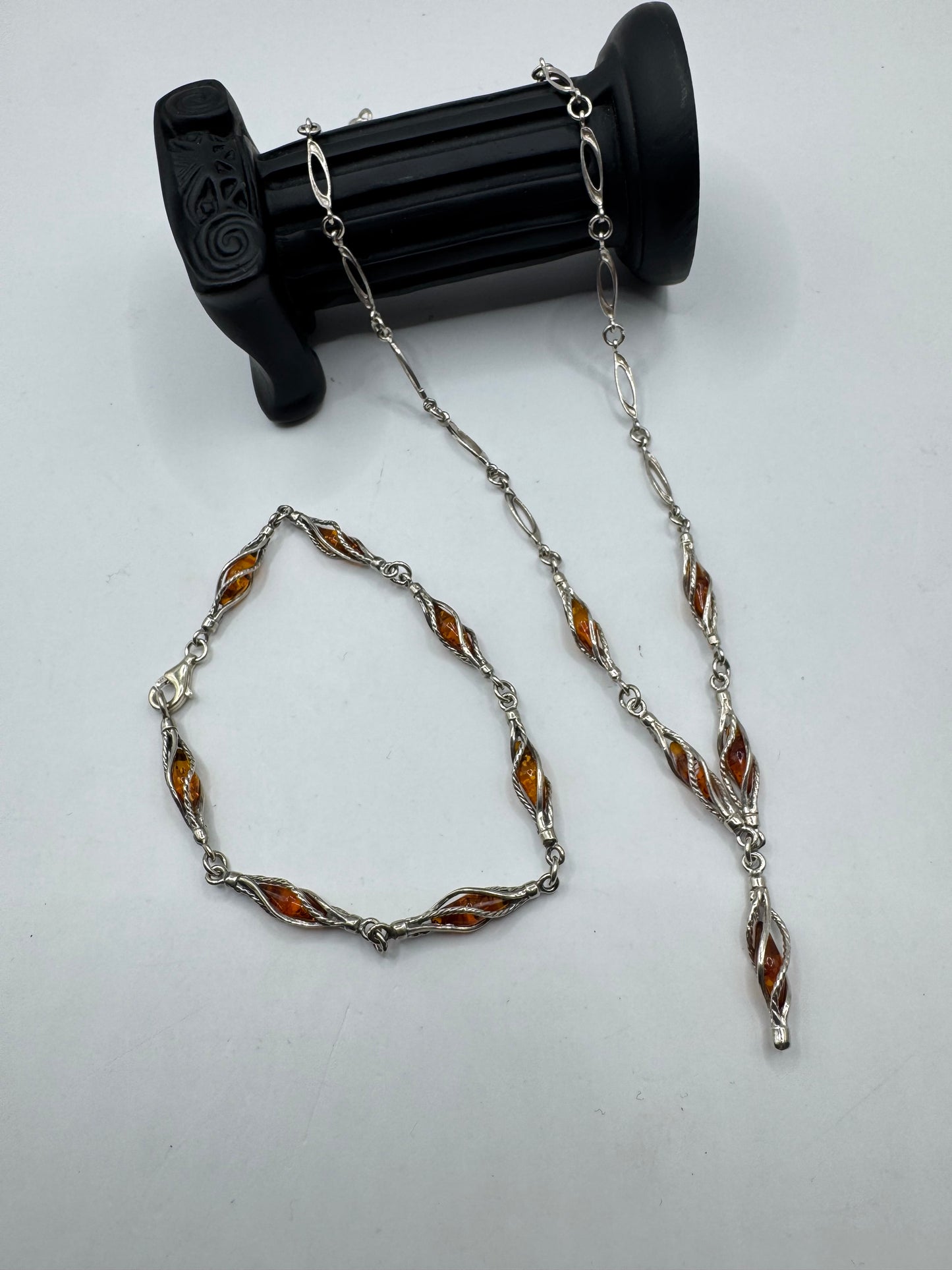 Sterling Silver Amber Necklace and Bracelet Set