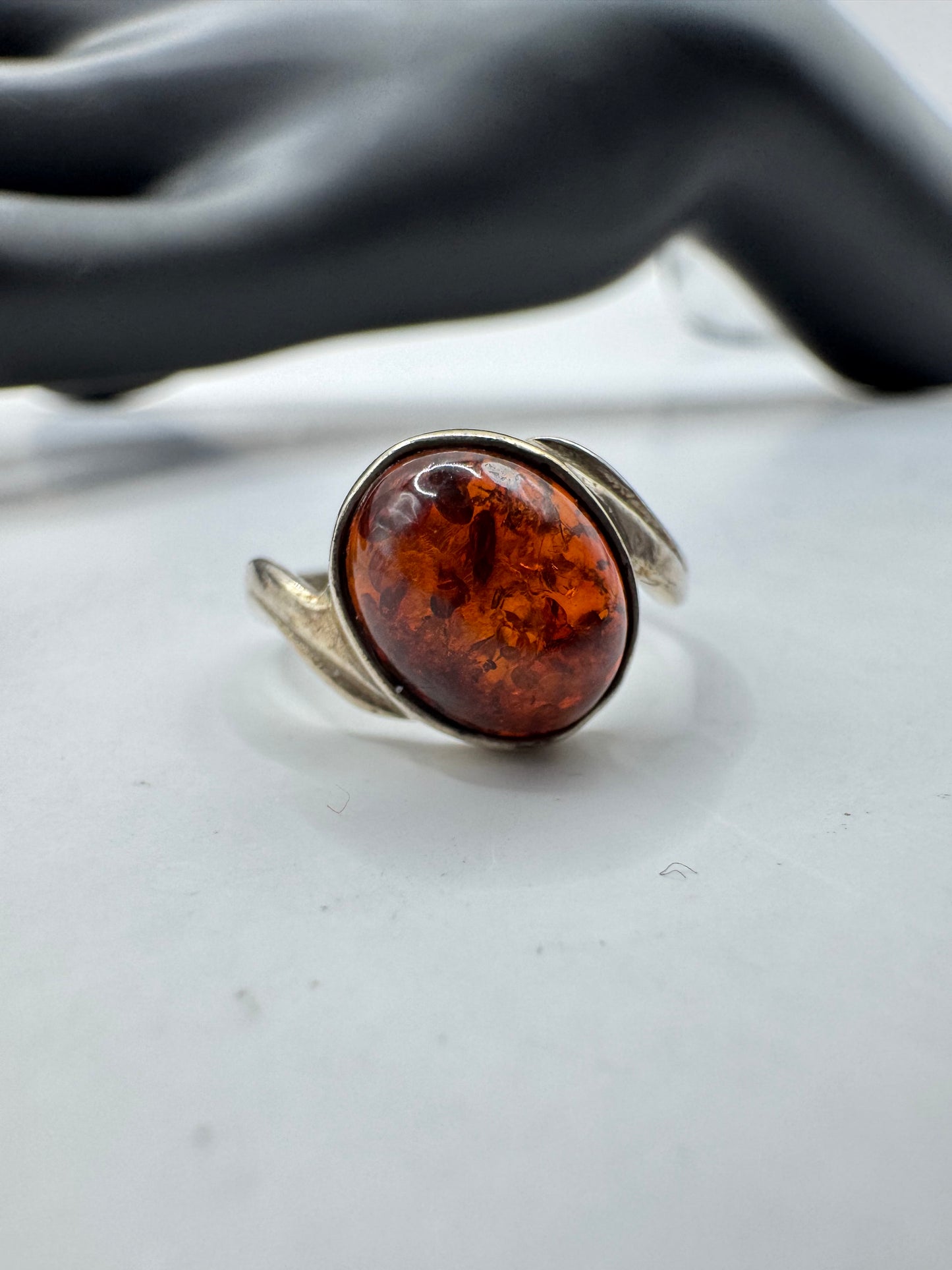 Vintage Sterling Silver Oval Amber Ring Size 5