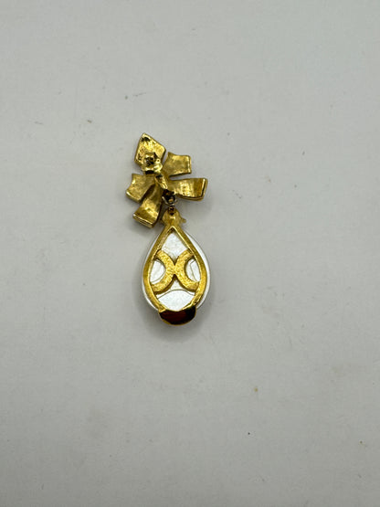 Vintage Gold-Tone Bow Pearl Drop Earrings with Crystal Rhinestones