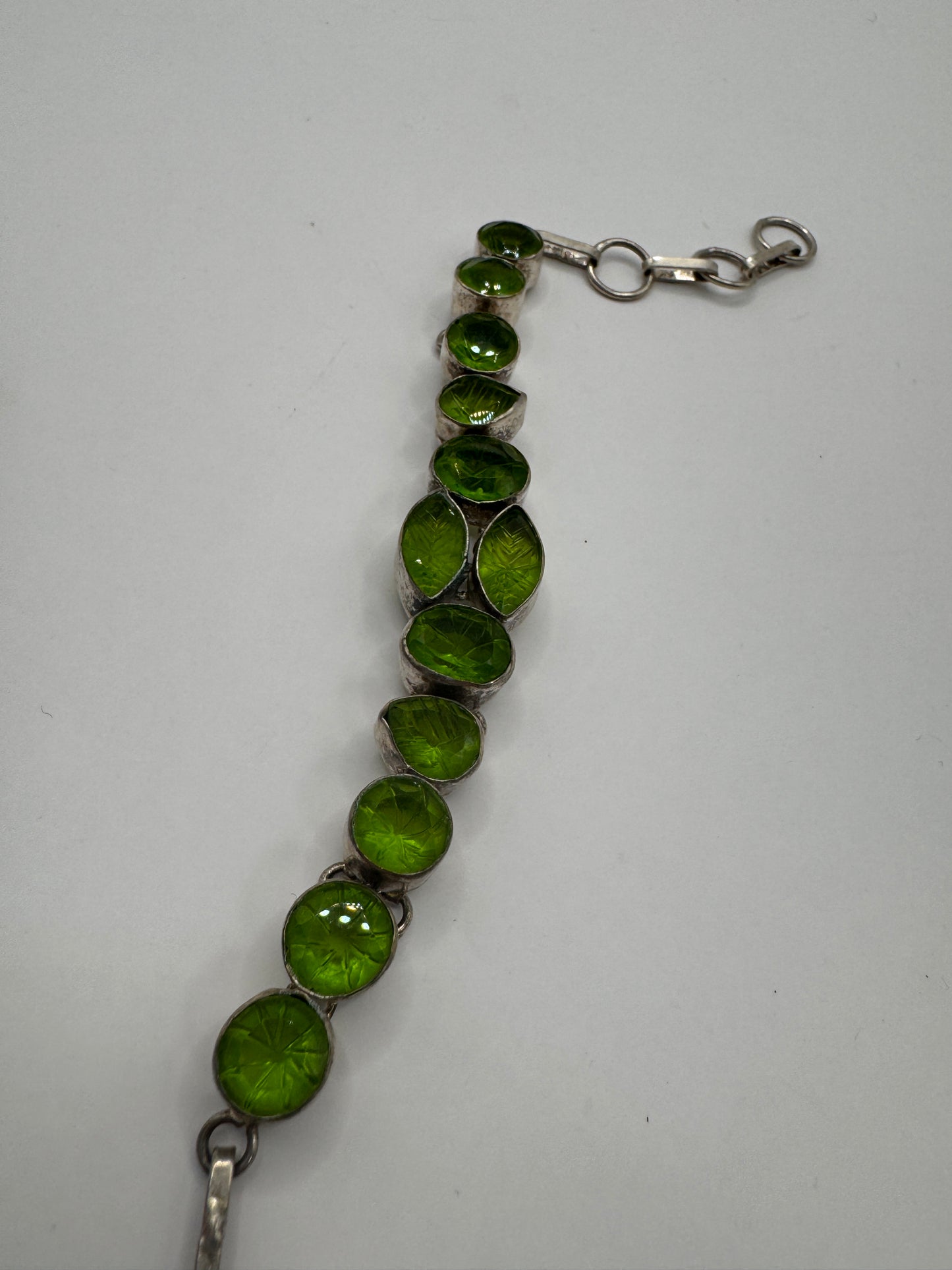 Vintage Custom Sterling Silver Bracelet with Green Glass Stones – 7.5"