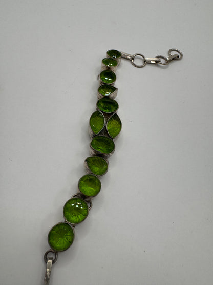 Vintage Custom Sterling Silver Bracelet with Green Glass Stones – 7.5"