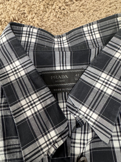 Authentic Prada Men’s Dress Shirt – Size 42 (16 1/2), Navy Plaid, Italian Designer