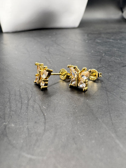 Sterling Silver GP Butterfly Stud Earrings – Cubic Zirconia Gold Plated Earrings