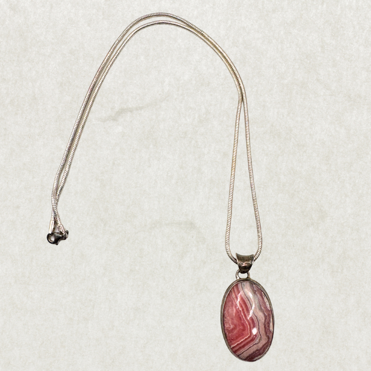 Sterling Silver Rhodochrosite Pendant Necklace – Natural Banded Pink Stone, 925