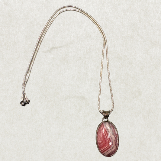 Sterling Silver Rhodochrosite Pendant Necklace – Natural Banded Pink Stone, 925